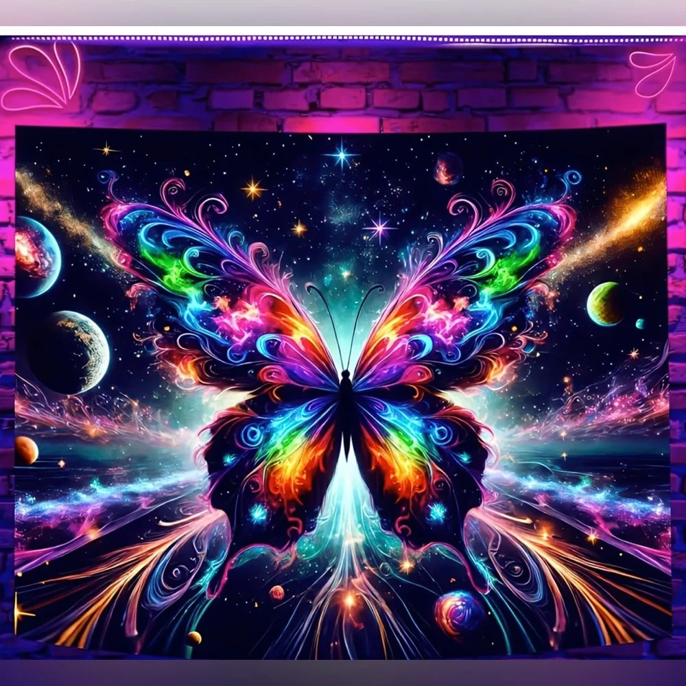 Colorful Butterfly Galaxy Huge Tapestry NWT backlight uv light makes it glow